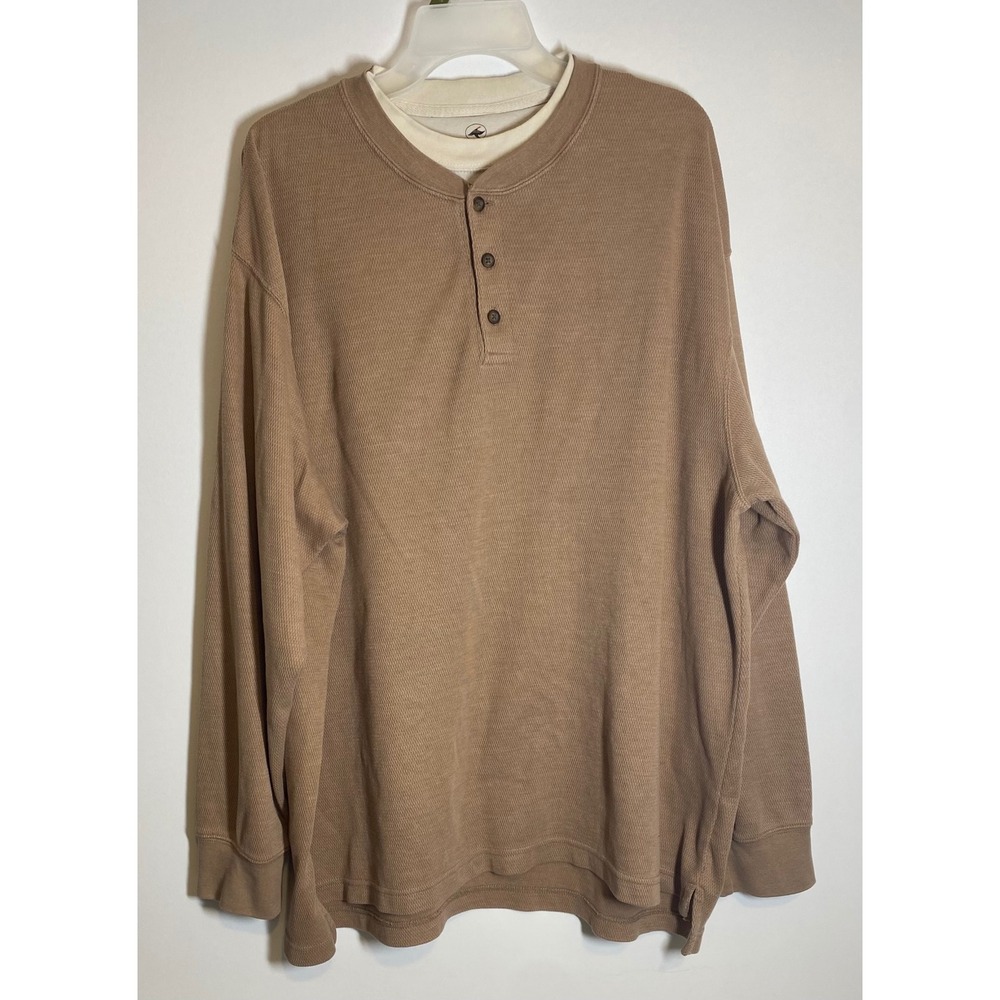 RedHead Mens 2XL Brown Waffle Knit Henley Shirt Long Sleeve Double Layer Neck